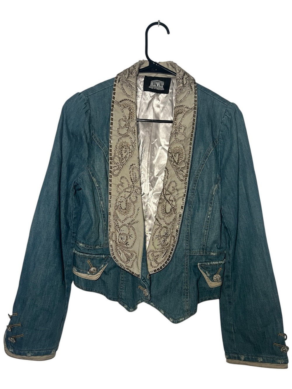 Vintage-Inspired Teal Denim Jacket with Embroidered Cream Shawl Collar